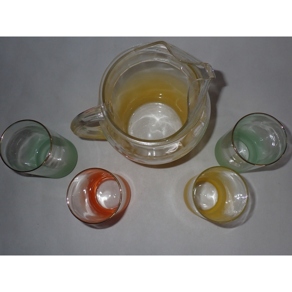 Vintage Frosted Ombre Glass Pitcher and 4 Tumbler Set Gold Rim Multi Color 5pc - Picture 2 of 15